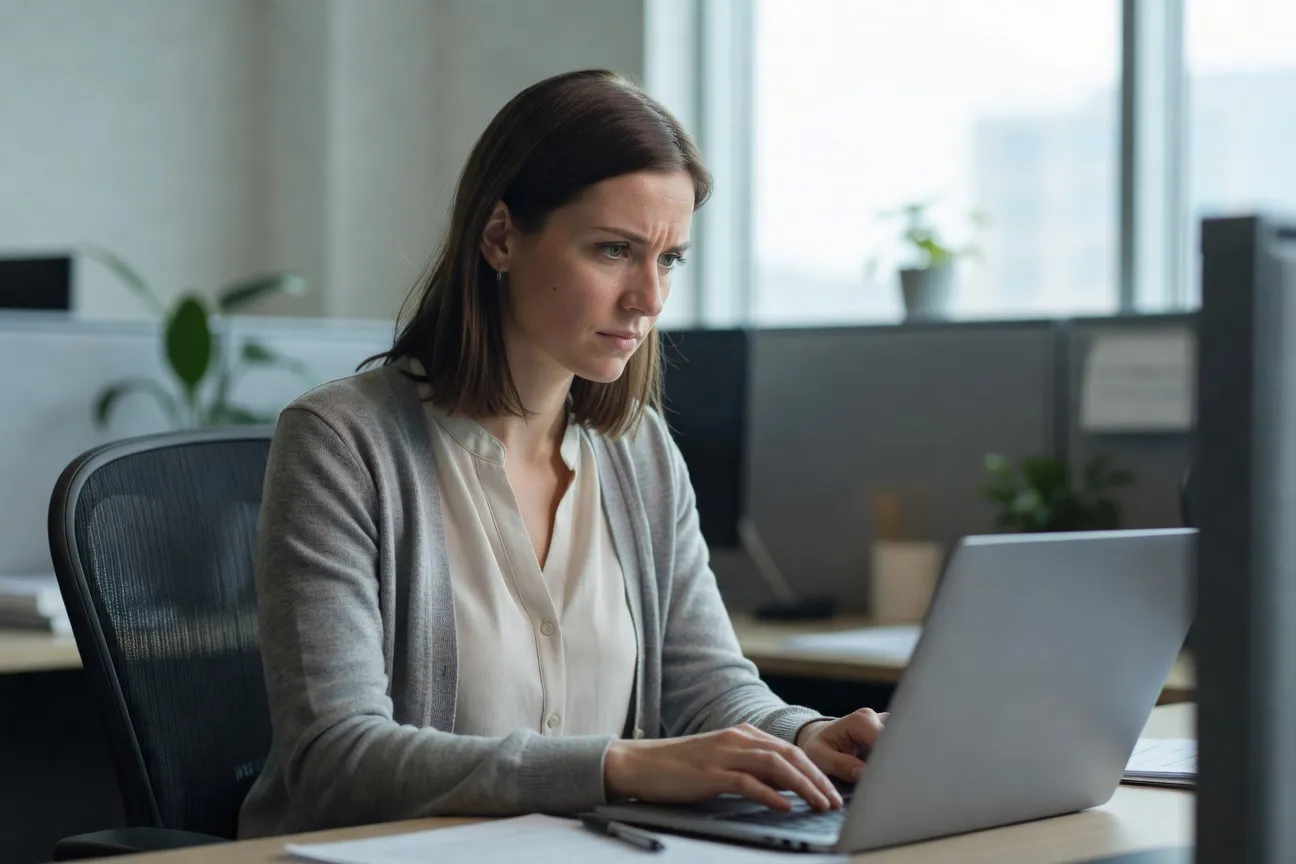 Trans woman from Quebec focused in front of her computer during a professional meeting