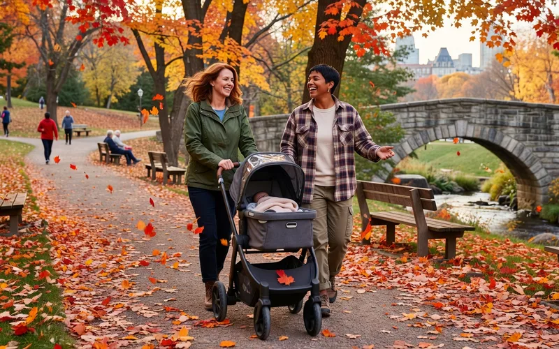 Parents de m&ecirc;me sexe avec leur enfant dans un parc au Qu&eacute;bec