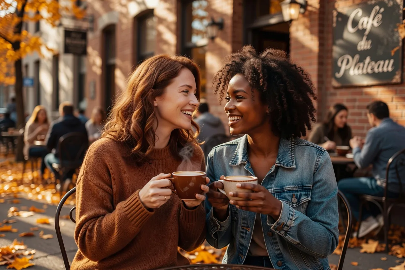 Couple formed by two smiling Quebec women sitting on the terrace of a café in the Plateau-Mont-Royal