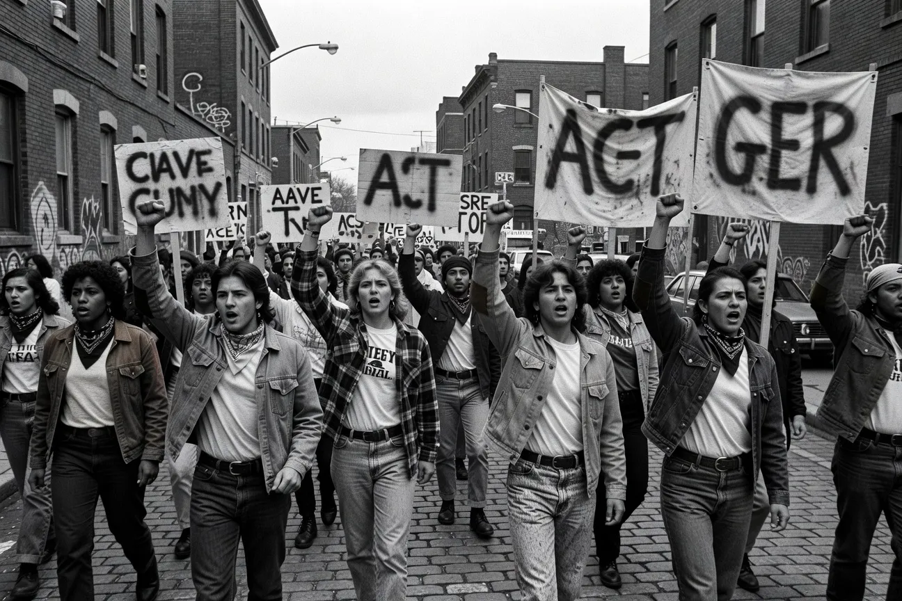 Black and white archives of an LGBT demonstration in Montreal in the 1980s, ACT MTL banners and rainbow flags