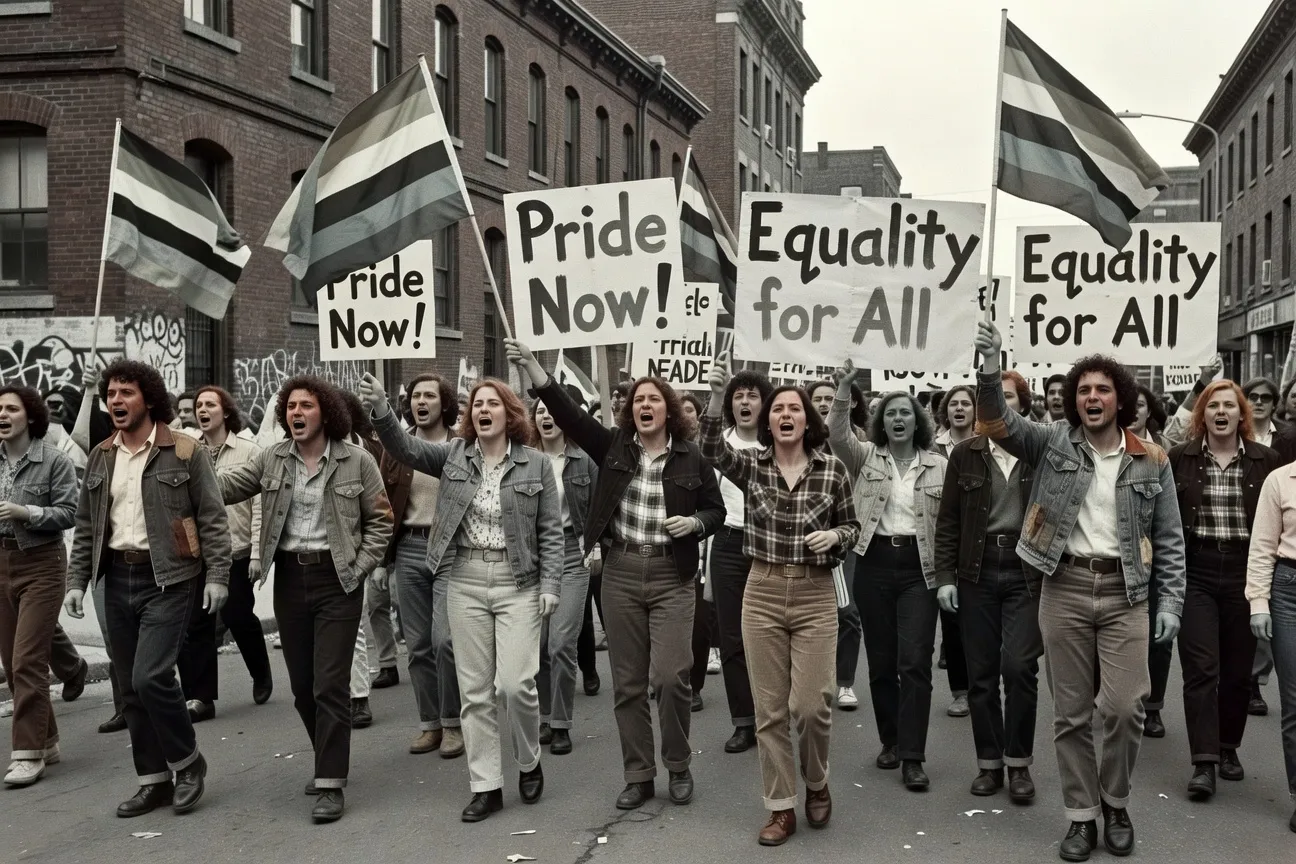 Black and white archives of an LGBT demonstration in Montreal in the 1980s, banners and rainbow flags