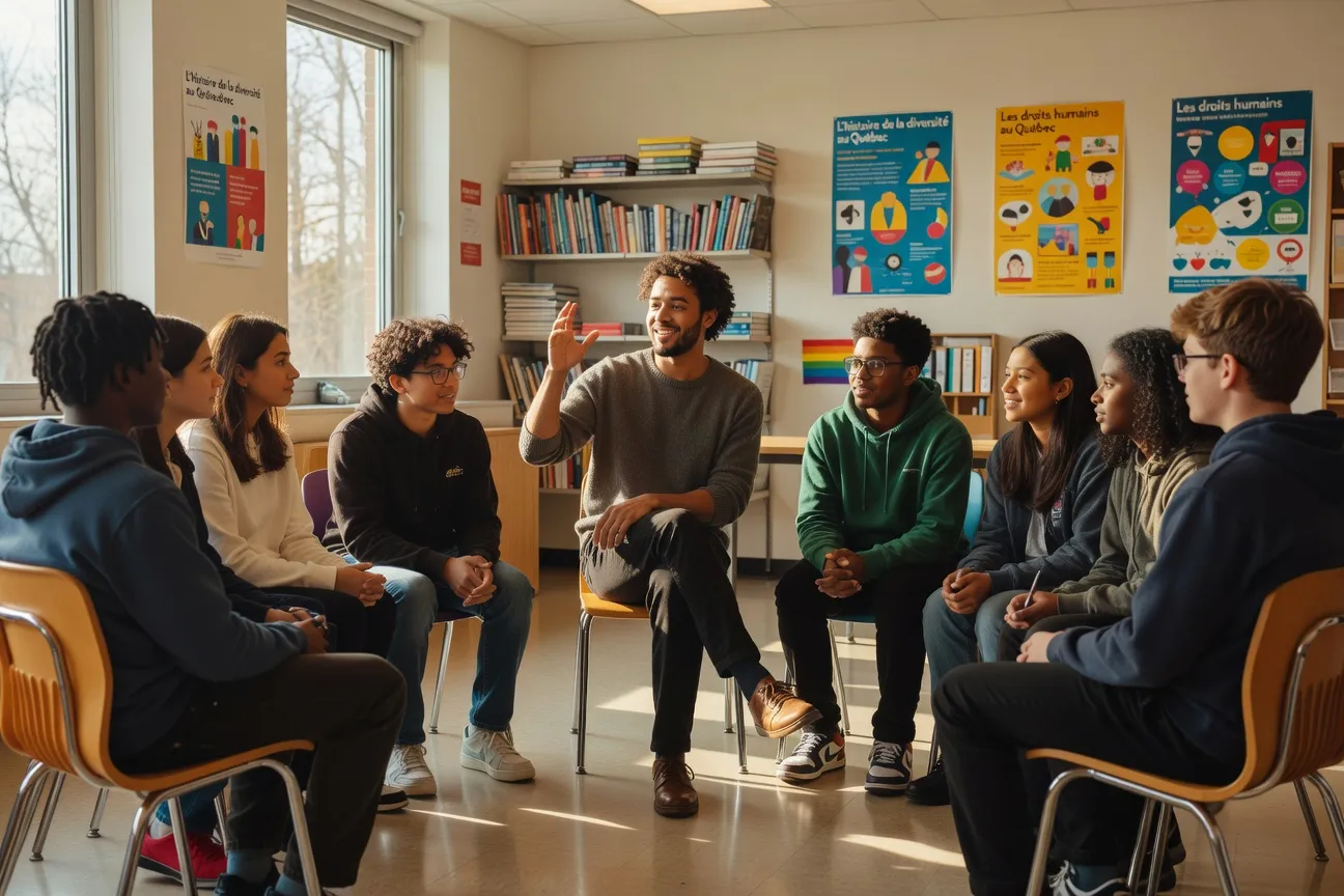 Atelier de d&eacute;mystification GRIS en una clase de secundaria quebequense, con un b&eacute;n&eacute;vole intercambiando con los &eacute;l&egrave;ves
