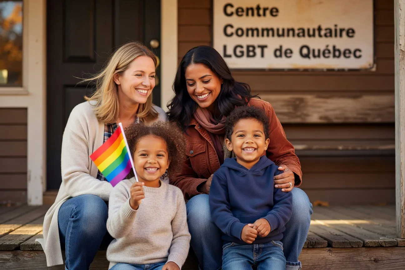 Familia homoparental quebequense compuesta por dos mamás y dos niños posando frente a un local comunitario LGBT