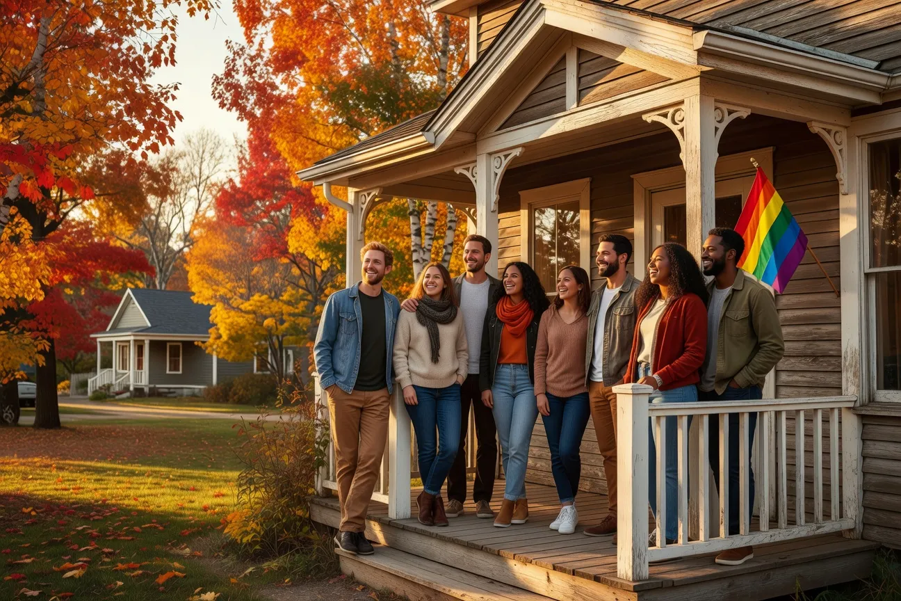 Photo collective de membres d'un centre communautaire LGBT en r&eacute;gion qu&eacute;b&eacute;coise, sur le perron d'une maison de quartier