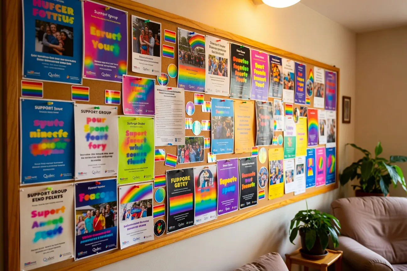 Tableau d'affichage d'un centre communautaire LGBTQ+ avec annonces de ressources, ateliers et groupes de soutien