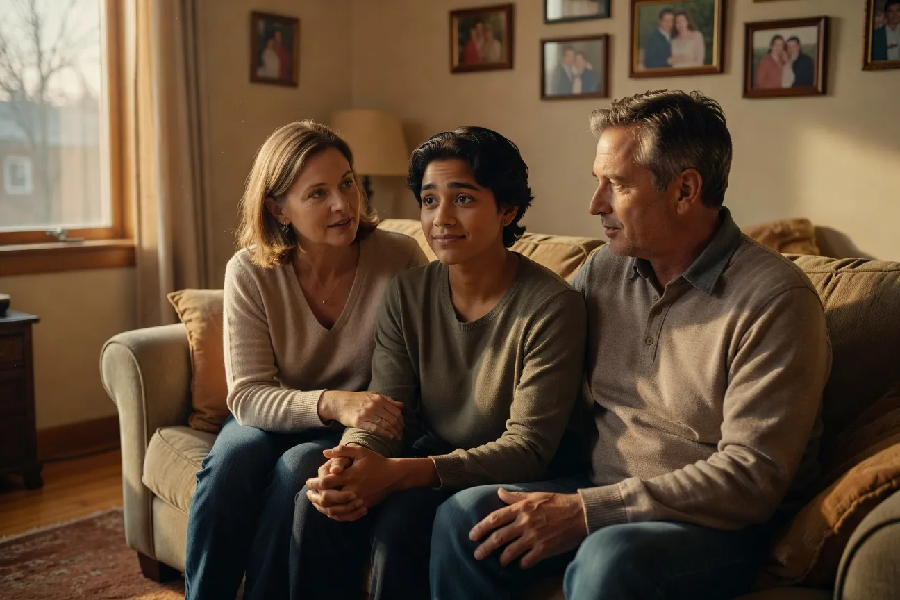 Diverse Quebec family around a kitchen table, parents attentively listening to their teenage child speaking, caring atmosphere