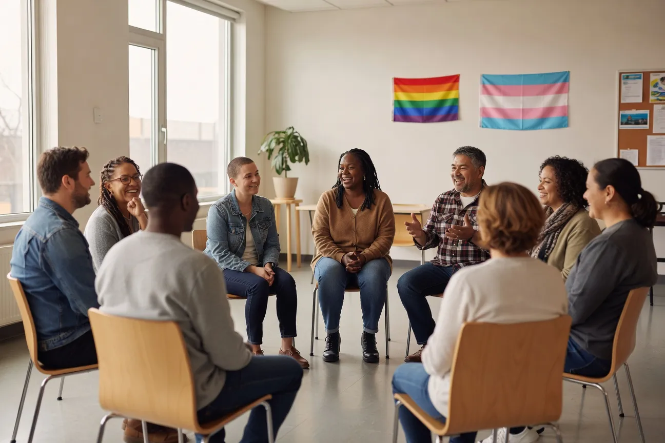 Groupe de soutien LGBT pour adultes de plus de 40 ans assis en cercle dans un centre communautaire