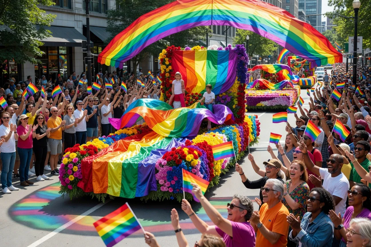 Desfile del Orgullo Montreal con hombres gays ondeando banderas arcoíris a lo largo de la calle Sainte-Catherine en agosto de 2026