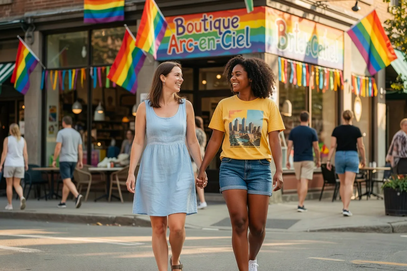 Couple formed by two diverse Quebec women holding a rainbow flag in front of a shop in Montreal's Gay Village