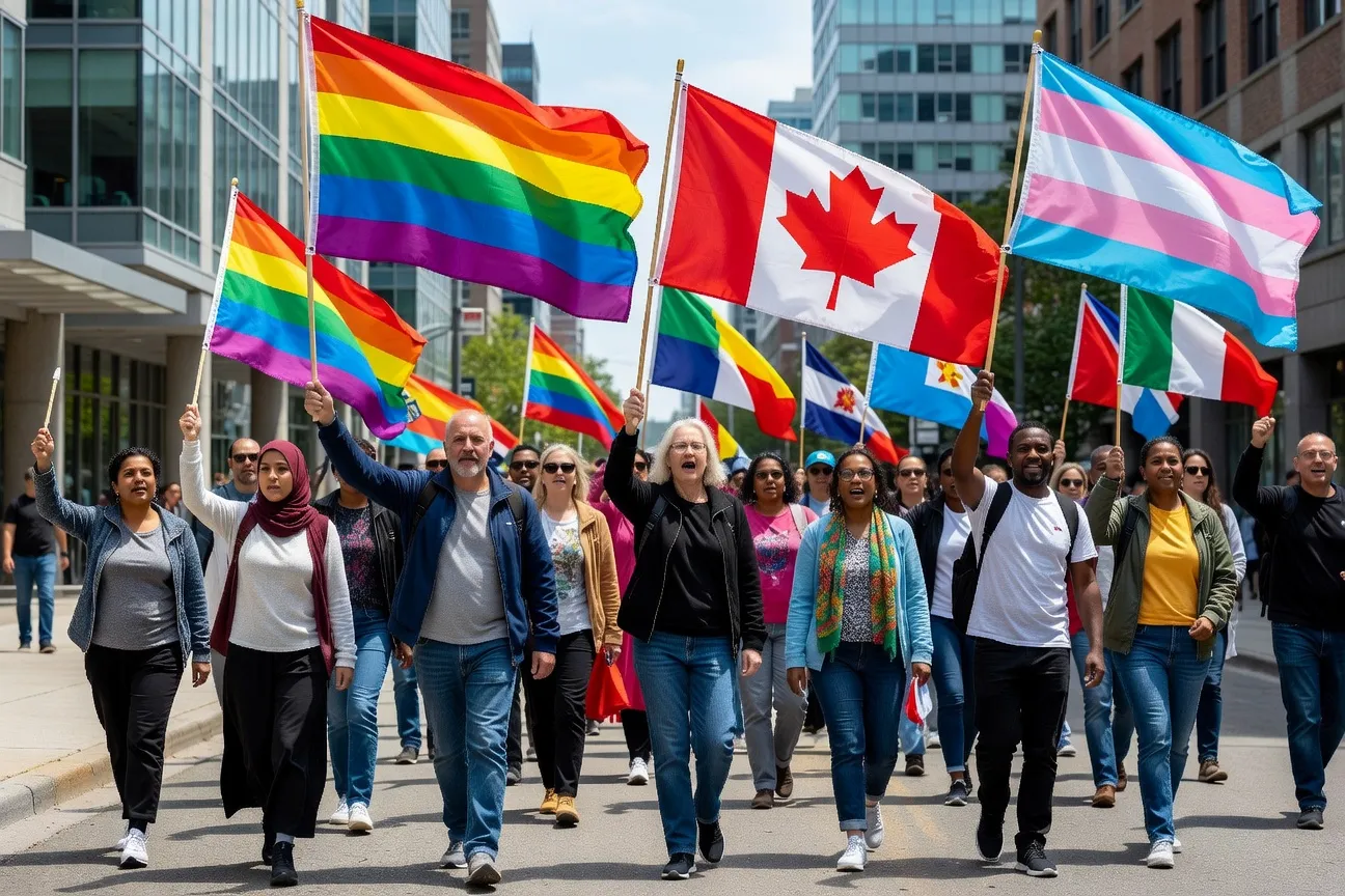 Manifestación de solidaridad para los refugiados LGBT en Montreal, bandera arcoíris y bandera canadiense