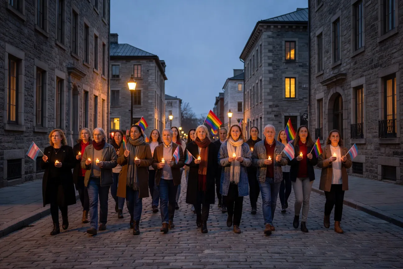 Marche LGBTQ+ en soir&eacute;e dans le quartier Saint-Jean-Baptiste &agrave; Qu&eacute;bec