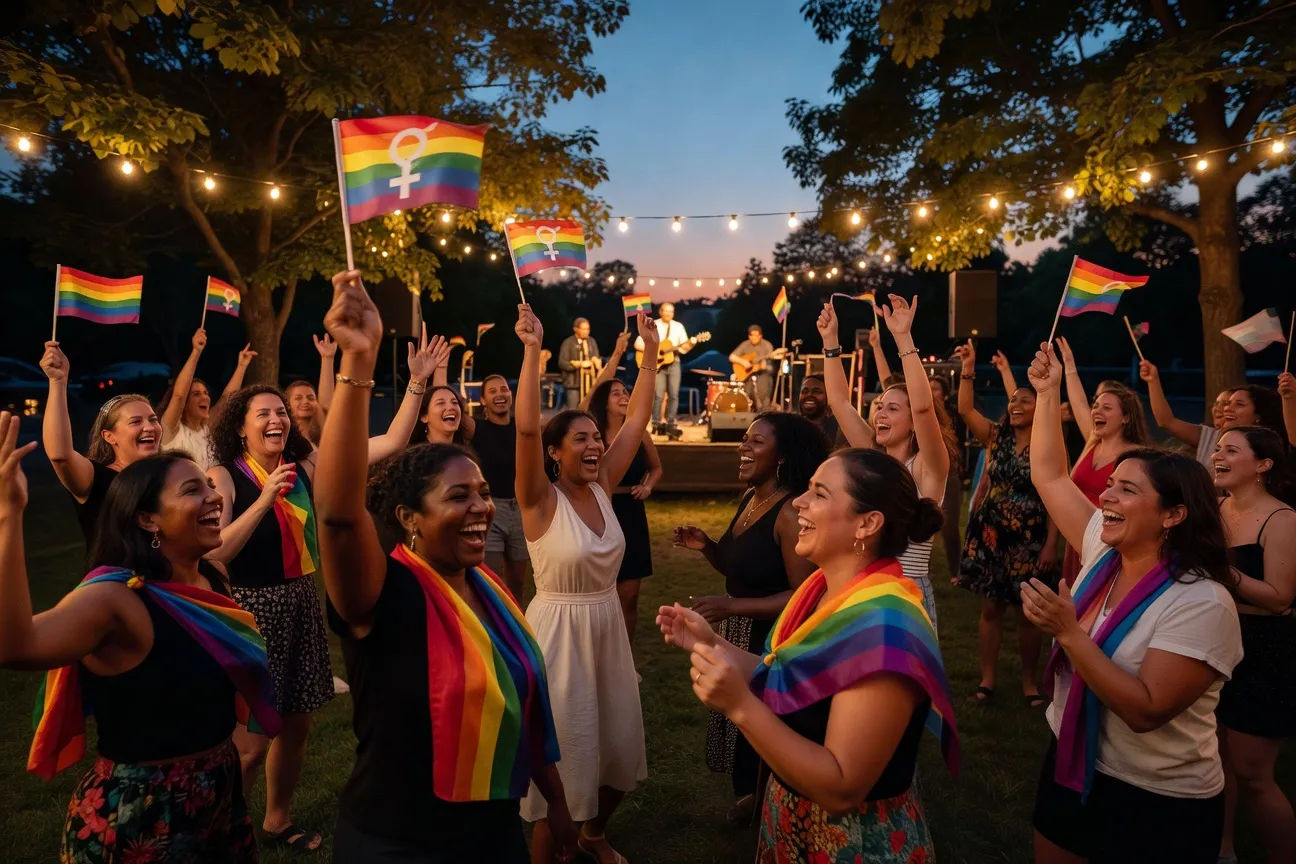 Crowd of women joyfully participating in the lesbian picnic during Fierté Montréal in an urban park