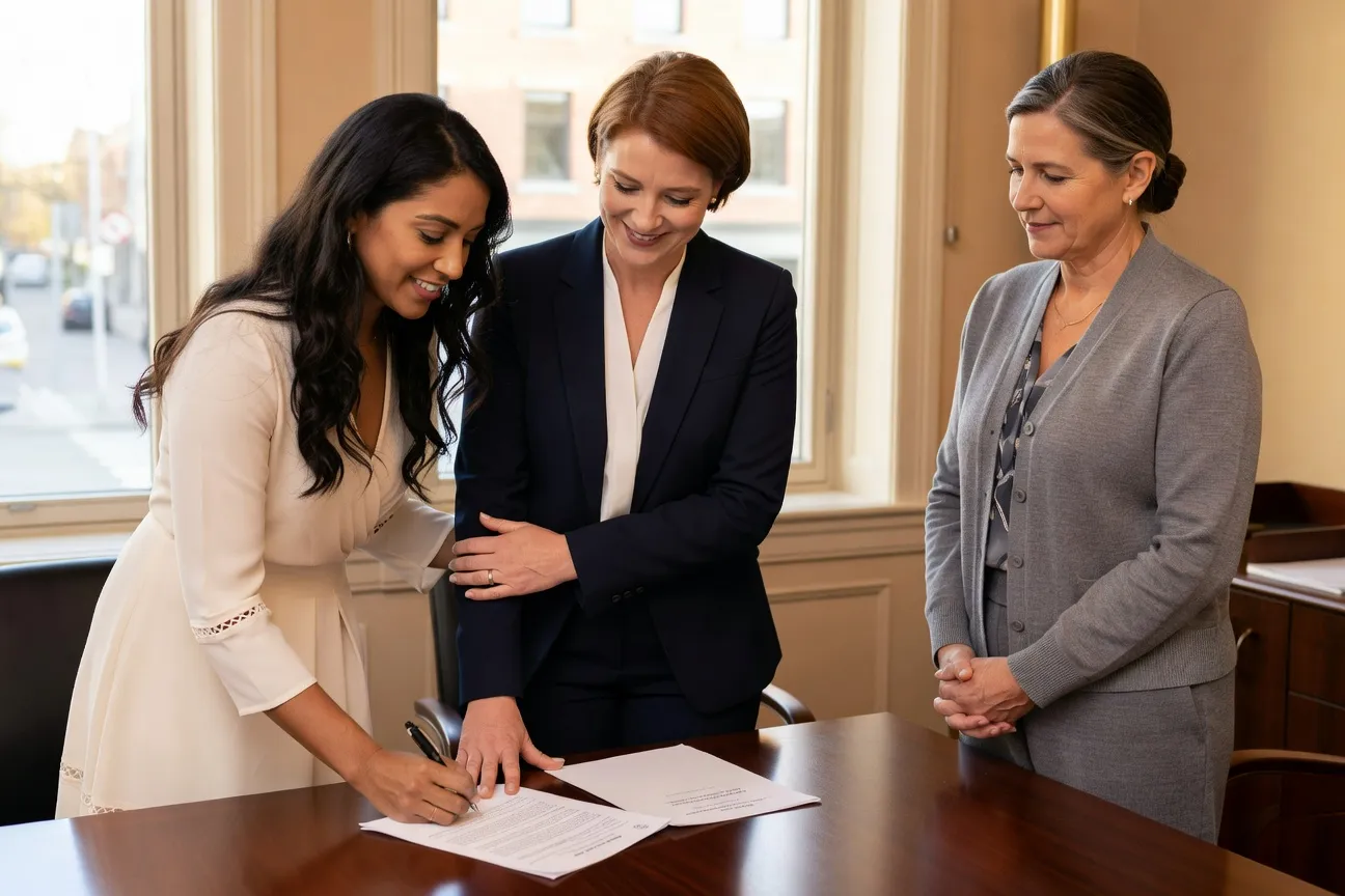 Couple lesbien signant des documents lors de leur c&eacute;r&eacute;monie de mariage civil &agrave; la mairie