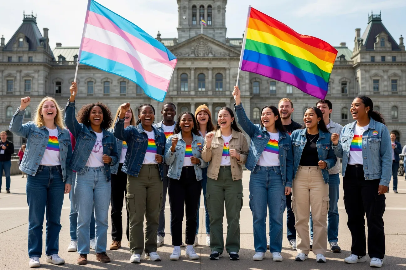 LGBT youth activists from contemporary Quebec, holding a trans flag and a rainbow flag in front of the National Assembly